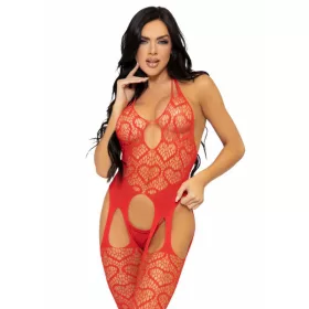 LEG AVENUE - érzéki hálós harisnyakötő body, piros