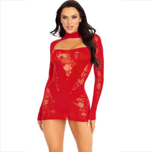 LEG AVENUE – csipkés, hosszú ujjú mini ruha pirosban