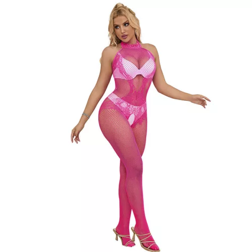 SUBBLIME - csipkés, nyitott bodystocking, magas nyakú, rózsaszín