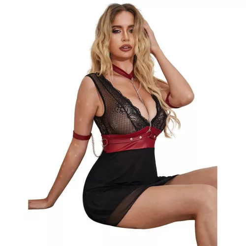SUBBLIME - csipkés bondage ruha, fekete, L/XL