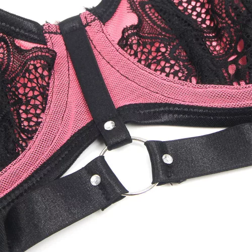 SUBBLIME – érzéki pink patent bőr hálós melltartó szett L/XL