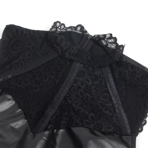 SUBBLIME - fekete csipkegalléros bőrdressz S/M