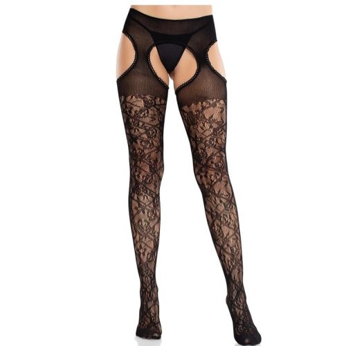 Leg Avenue – virágos csipke harisnyatartós fekete harisnya