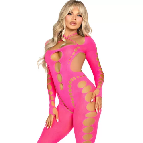 LEG AVENUE - Rózsaszín, nyitott hátú bodystocking, egy méret