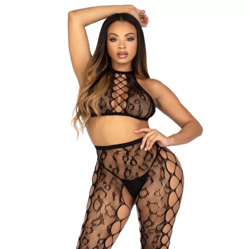 Leg Avenue Crop Top és Lábharisnya Kifordított Rész Fekete Egy Méret